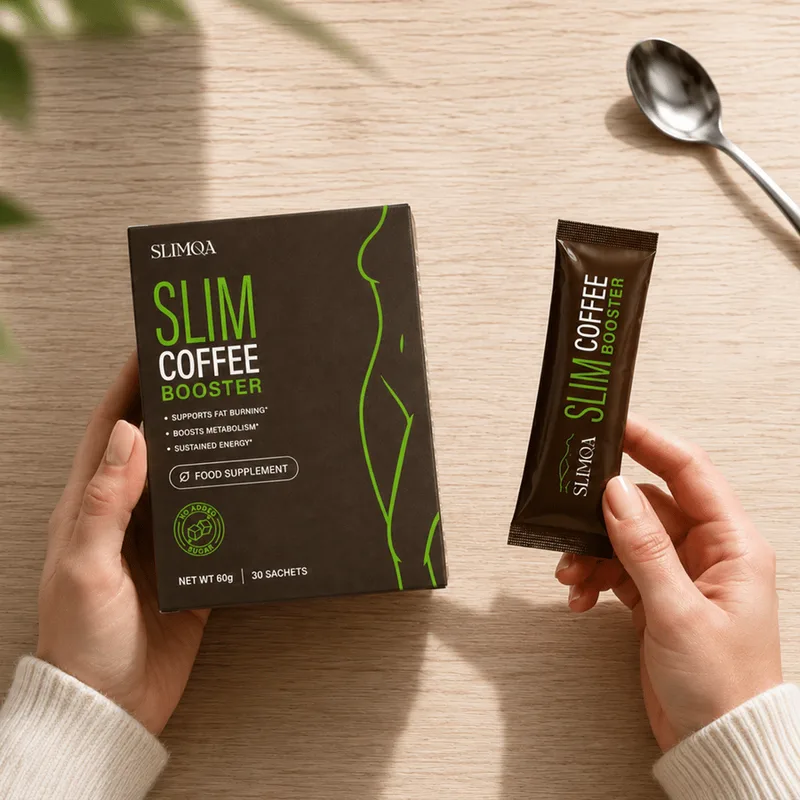 Caja de Slimqa Slim Coffee Booster con 30 sobres y un sobre monodosis en la mano