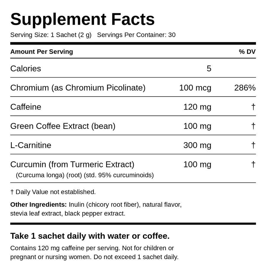 Etiqueta Supplement Facts de Slimqa: cafeína 120 mg, L-carnitina 300 mg, extracto de café verde 100 mg, curcumina 100 mg y cromo 100 mcg por sobre de 2 g